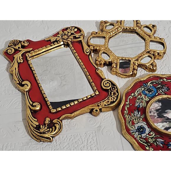 Vintage Red and Gold Ornate Accent Mirror Wall Hanging Scroll Accent Floral - Picture 13 of 13